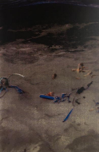 Onduidelijke stukjes zwerfafval, half bedekt door stuifzand.